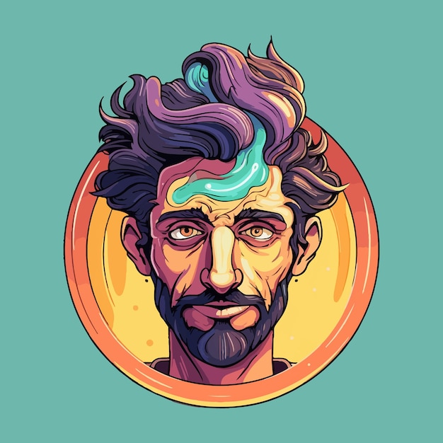 Um homem com barba e cabelo colorido um retrato de personagem arte digital vector desenho animado djinn híbrido humano