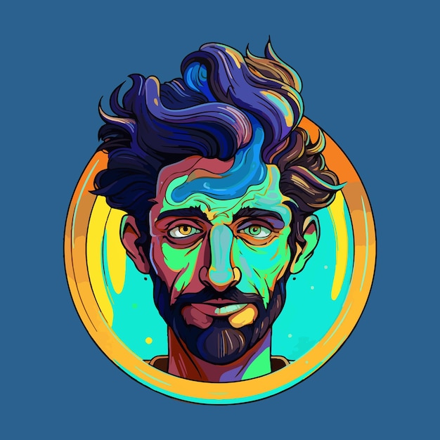 Um homem com barba e cabelo colorido um retrato de personagem arte digital vector desenho animado djinn híbrido humano