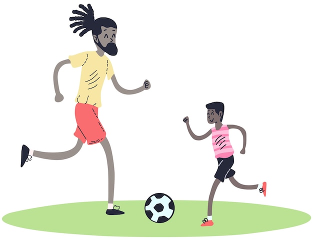 Vetor um homem com dreadlocks joga futebol com um menino dia dos pais