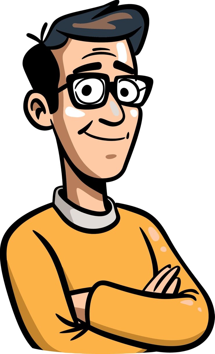Vetor um homem com óculos e uma camisa amarela tem um rosto que diz que sou um homem feliz.