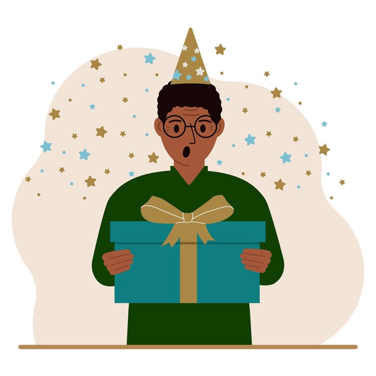 Vetor um homem com um boné festivo segura uma grande caixa de presente com um laço