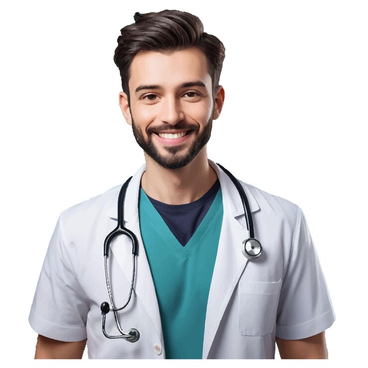 Vetor um homem com um casaco azul e uma gravata verde que diz médico