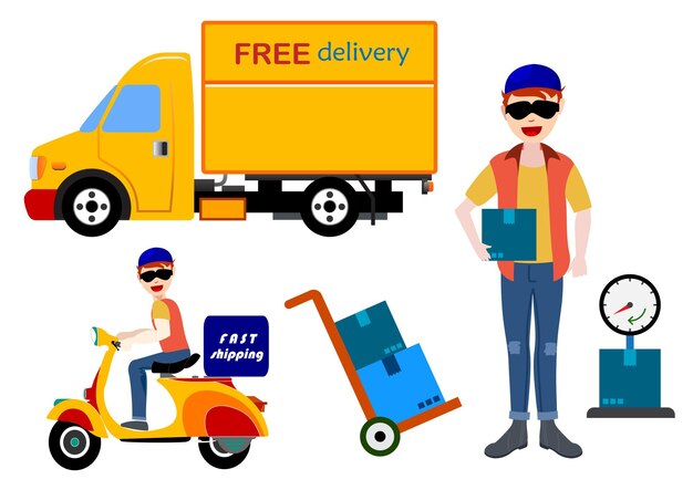 Um homem com um chapéu e um caminhão de entrega amarelo com uma placa que diz entrega gratuita.