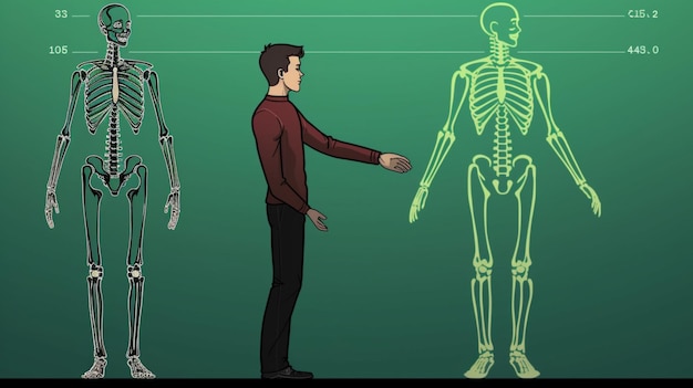 Vetor um homem com um estetoscópio no pescoço está apontando para um esqueleto