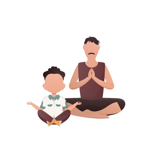 Um homem com um menino bonitinho está sentado meditando na posição de lótus estilo cartoon isolado