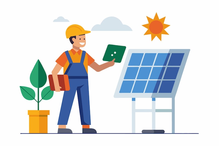 Vetor um homem com um painel solar e um panel solar