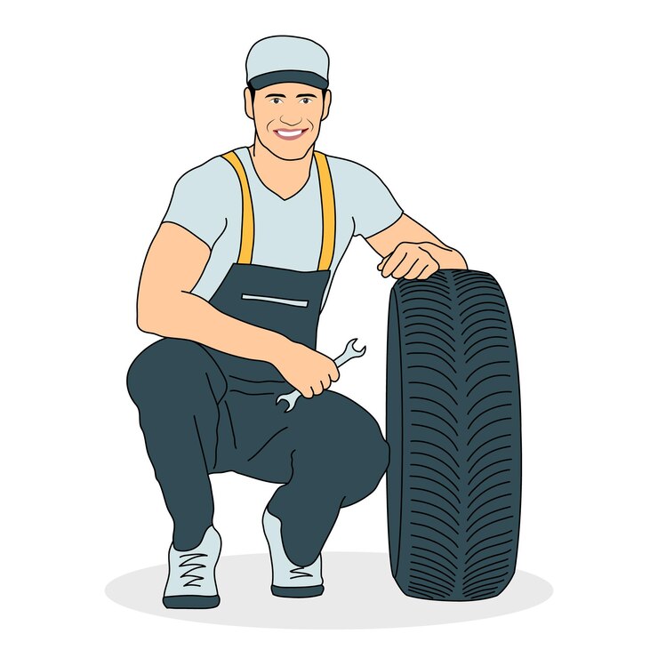 Vetor um homem com um pneu segurando a ilustração da chave inglesa