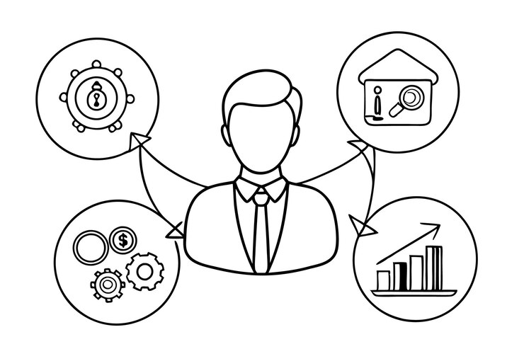 Vetor um homem com um terno e um diagrama de engrenagens e engrenagens