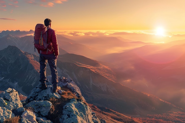 um homem com uma mochila está em um pico de montanha e olha para o pôr do sol