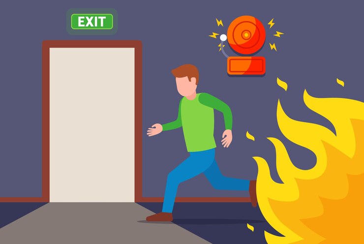 Vetor um homem corre do fogo para a porta de evacuação. escapar do fogo. ilustração vetorial plana.