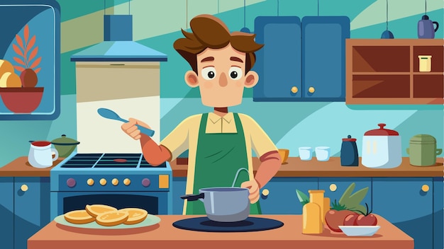 um homem cozinhando em uma cozinha com uma panela de comida