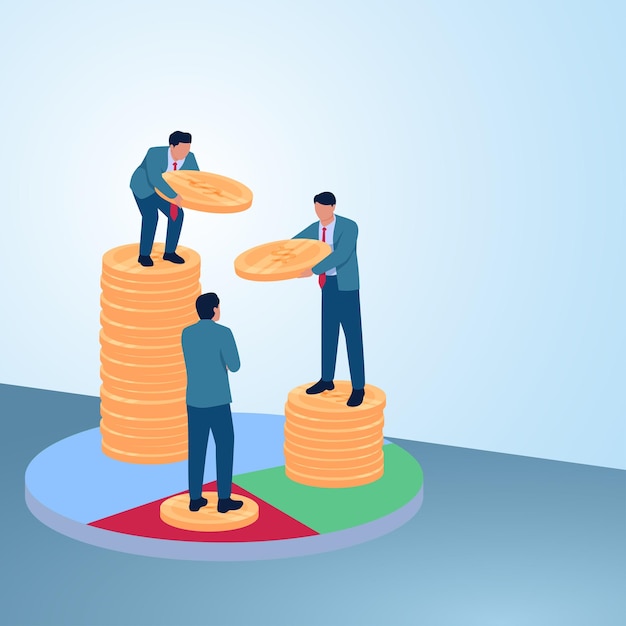 Um homem dá uma moeda a seu amigo em outro gráfico de tarte Ilustração de dividendos de lucro e distribuição de acionistas