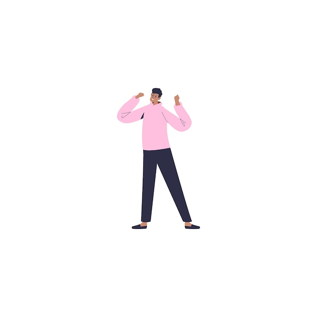 Um homem de camisa rosa está a falar num telemóvel.