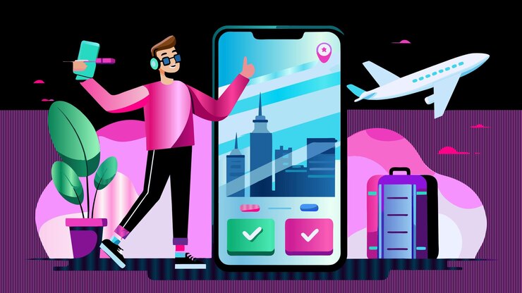 Vetor um homem de camisa rosa está dançando com um celular.