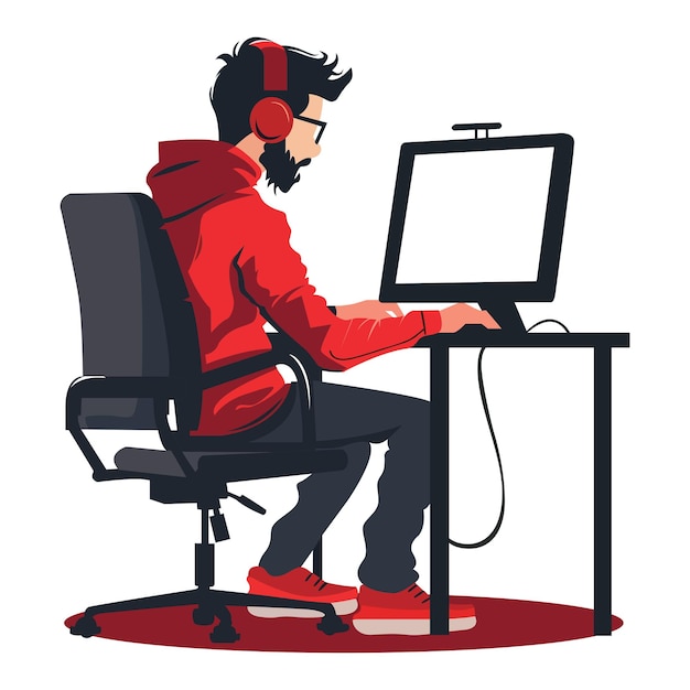 Vetor um homem de capuz vermelho senta-se em um computador com um computador e uma ilustração de monitor