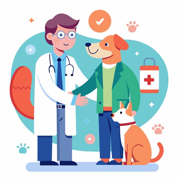 Um homem de casaco de laboratório branco está apertando a mão de um cão representações da bandeira americana e símbolos patrióticos
