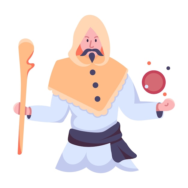 Um homem de desenho animado com barba longa e capa branca segura uma vara de madeira nas mãos.