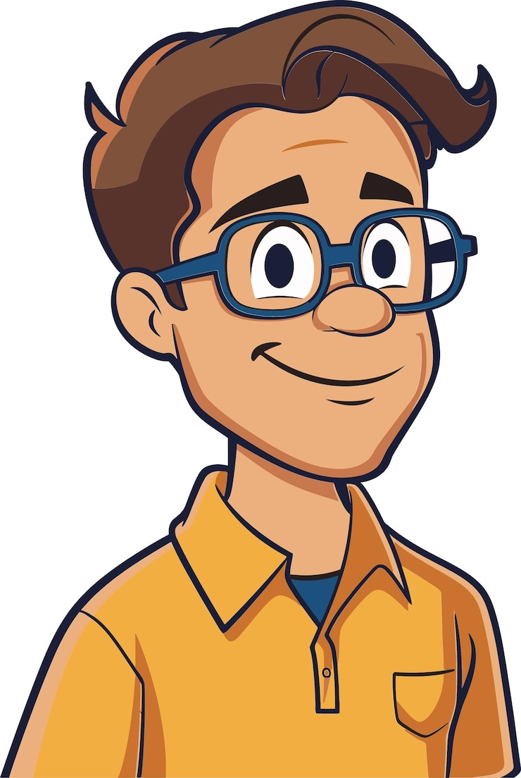 Vetor um homem de desenho animado com óculos e um rosto sorridente