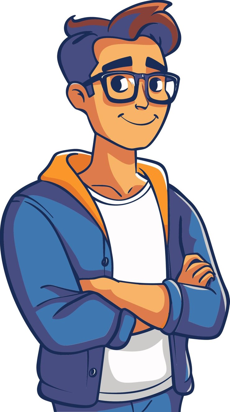 Vetor um homem de desenho animado com óculos e uma camisa que diz " sou um bom amigo "