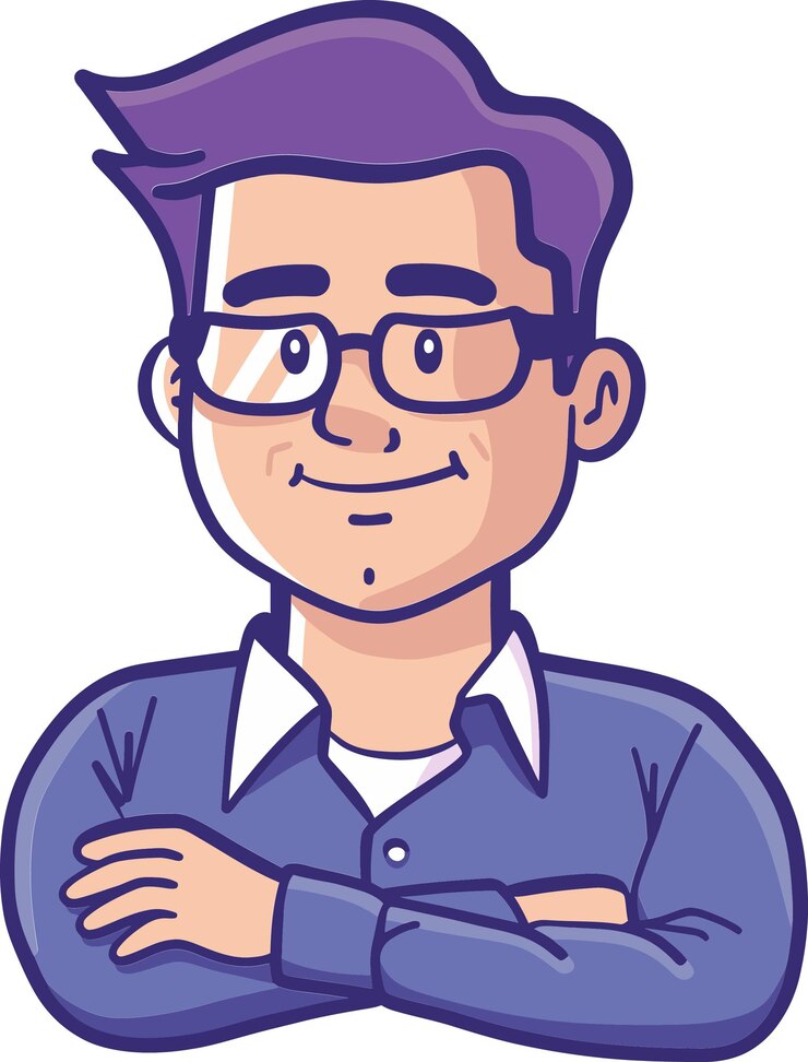 Vetor um homem de desenho animado com óculos e uma camisa roxa