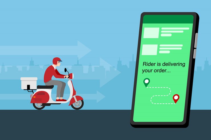 Vetor um homem de entrega, entregando uma encomenda ao cliente de moto.