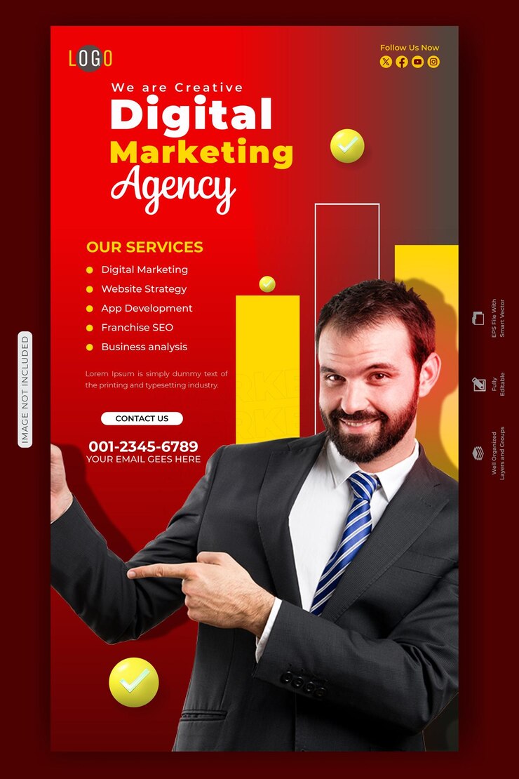 Vetor um homem de fato e gravata segurando um telefone na frente de um cartaz vermelho que diz serviço de marketing