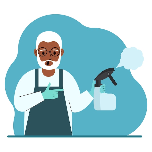 Um homem de luvas segura um frasco de spray com antisséptico ou detergente líquido desinfetante Desinfecção e higiene doméstica
