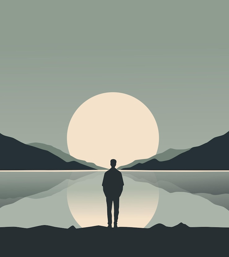 Vetor um homem de pé sozinho olhando para o lago design estético decorações e decorações de parede simples