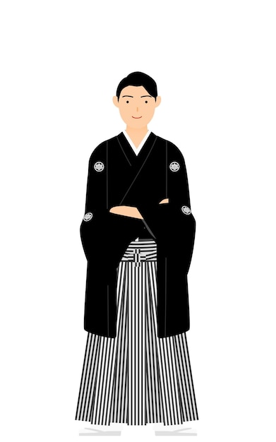 Vetor um homem de quimono vestindo um hakama com crista cruza os braços