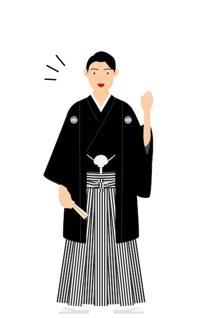 Um homem de quimono vestindo um hakama com crista faz uma pose de coragem
