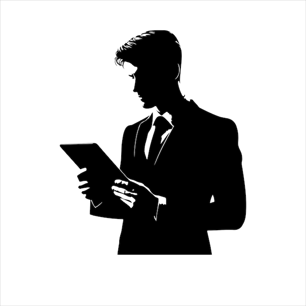 Um homem de terno está segurando um tablet homem de negócios com silhueta vetorial de tablet