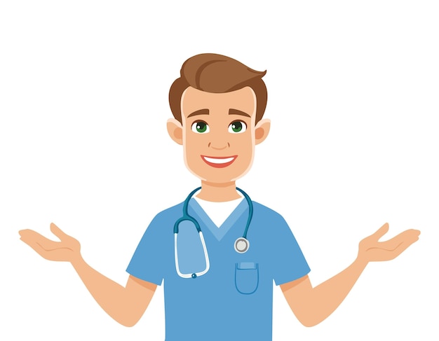 um homem de uniforme azul com os braços abertos e um médico de uniforme azul