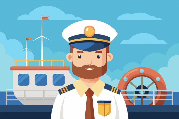 Vetor um homem de uniforme de pé orgulhosamente na frente de um barco mostrando seu papel como capitão de barco ilustrar o conceito de segmentação de clientes na publicidade digital
