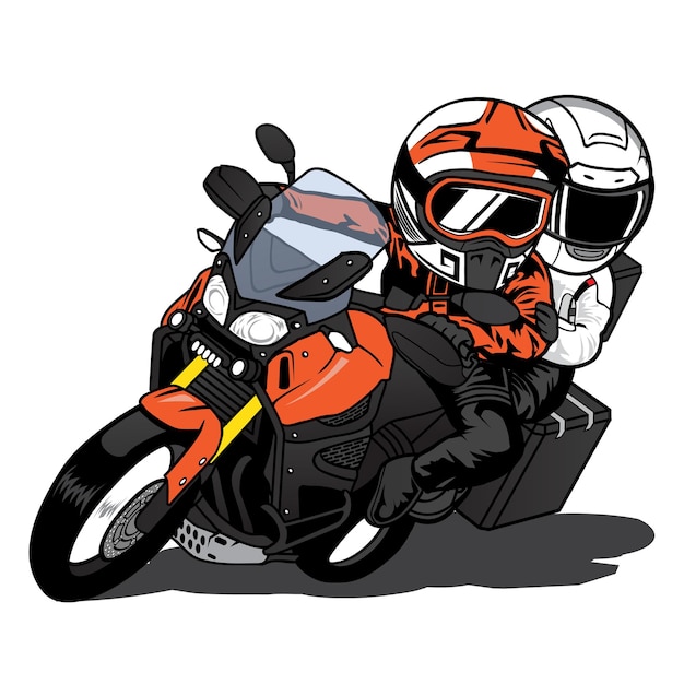 Ilustração engraçada dos desenhos animados de vetor de casal viajar de  moto. homem e mulher andam de motocicleta. motociclistas, motociclista