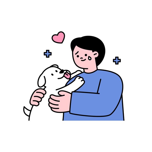 Um homem é reconfortante abraçando uma ilustração vetorial simples de contorno de cachorro fofo