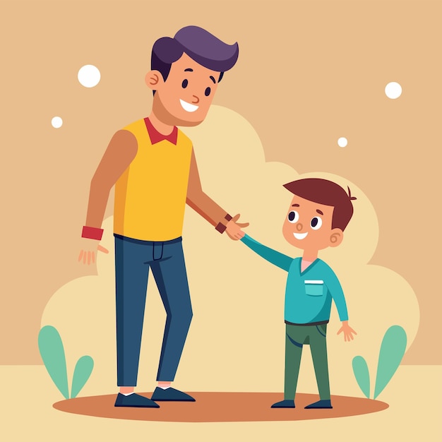 um homem e um menino estão de mãos dadas com um deles de mãos dudas