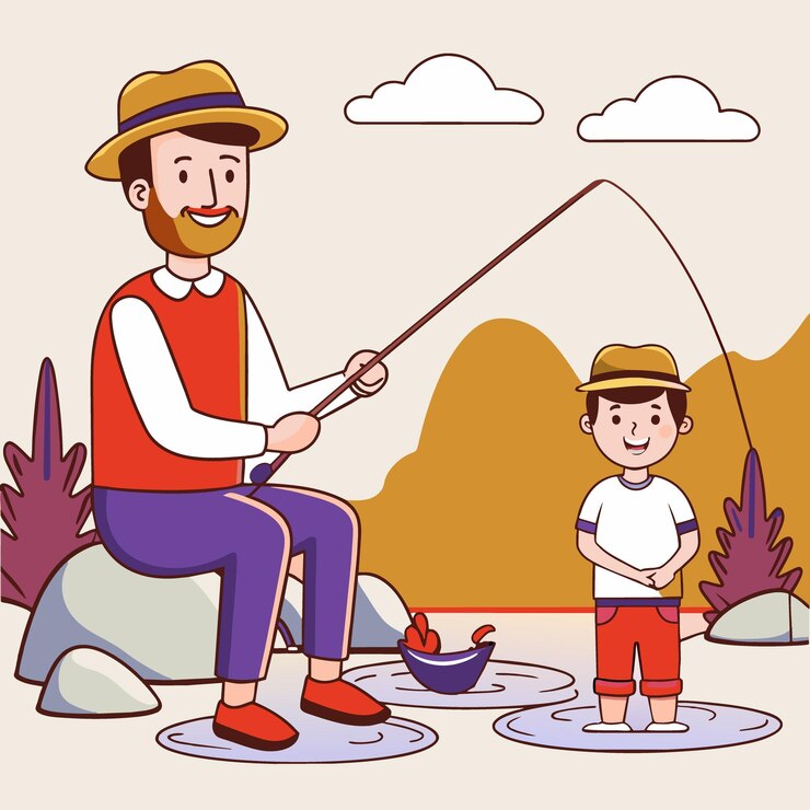 Vetor um homem e um menino estão pescando em uma lagoa