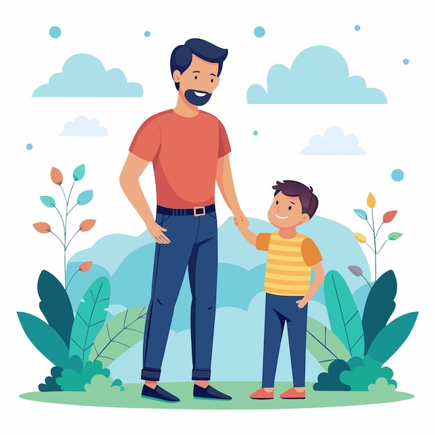 Um homem e uma criança estão de pé num parque.