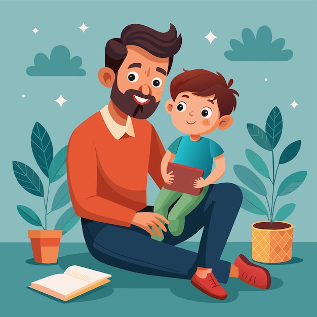um homem e uma criança estão sentados no chão e uma planta com uma planta no fundo
