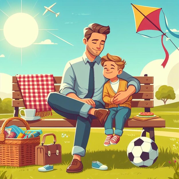Vetor um homem e uma criança sentados em um banco com uma cometa no céu