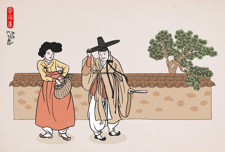 Vetor um homem e uma mulher com roupas tradicionais coreanas estão parados em frente à parede.