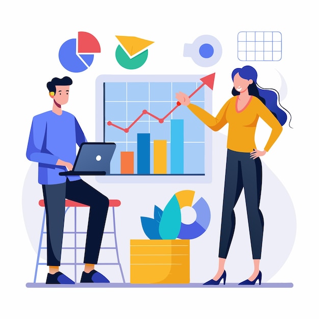 Um homem e uma mulher de pé na frente de um laptop analisando o crescimento do mercado de ações Dois empresários analisando dados de crescimento do Mercado de Ações Ilustração vetorial plana simples e minimalista