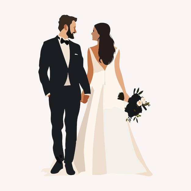Um homem e uma mulher de smoking estão de pé em frente a uma parede.