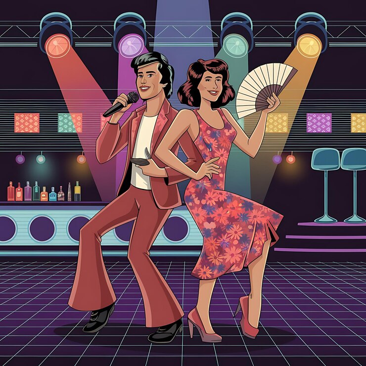 Vetor um homem e uma mulher estão cantando em um palco com um ventilador