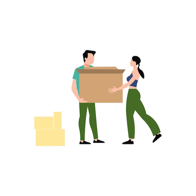 Vetor um homem e uma mulher estão carregando caixas e um deles está segurando uma caixa.