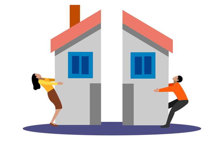 Vetor um homem e uma mulher estão empurrando uma casa juntos.