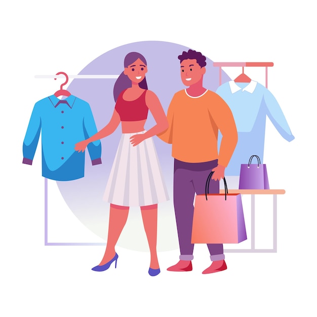 um homem e uma mulher estão olhando para roupas em um cabide