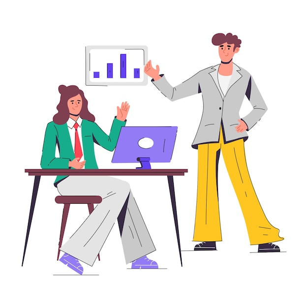 Um homem e uma mulher estão sentados em uma mesa com um gráfico em cima.