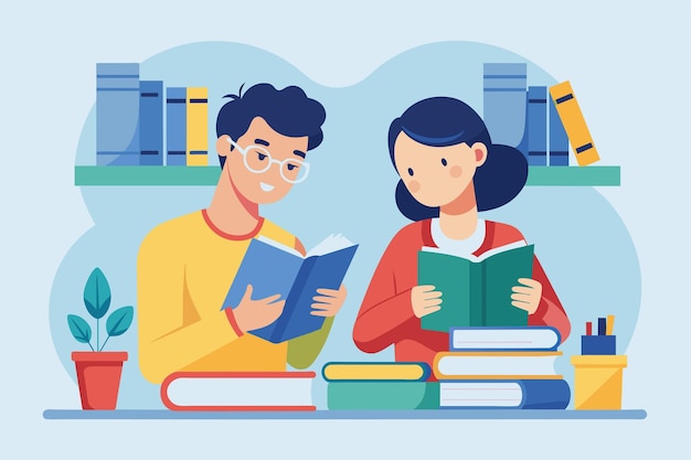 Um homem e uma mulher estão sentados juntos profundamente absorvidos na leitura de livros dois alunos estudando com livros Ilustração vetorial plana simples e minimalista