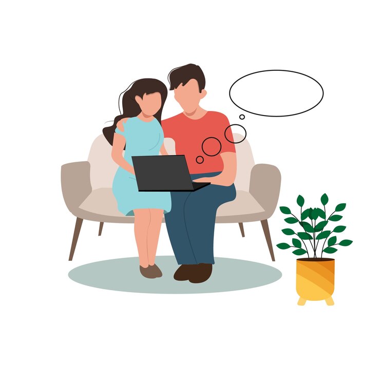 Vetor um homem e uma mulher estão sentados no sofá e olhando para a tela do laptop. compras online.